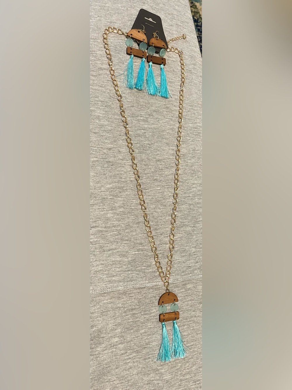 Gold Chain Necklace with Turquoise Tassel Pendant & Earrings - Women's Jewelry